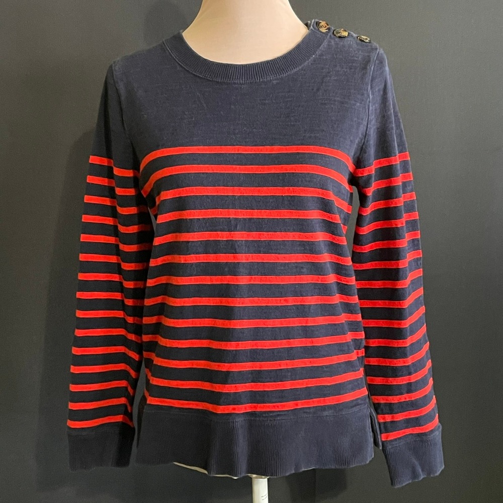 J. Crew Striped Knit Top Women M Navy Red Good Button Shoulder Nautical 97900